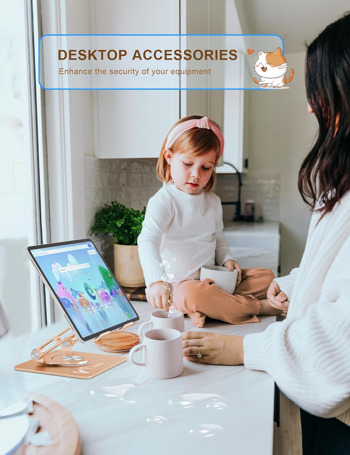 Tablet Stand 360° Rotating Aluminum Holder, Adjustable, Portable and Foldable Monitors Stand for iPads, Compatible with 4-12.9" Tablets, Golden