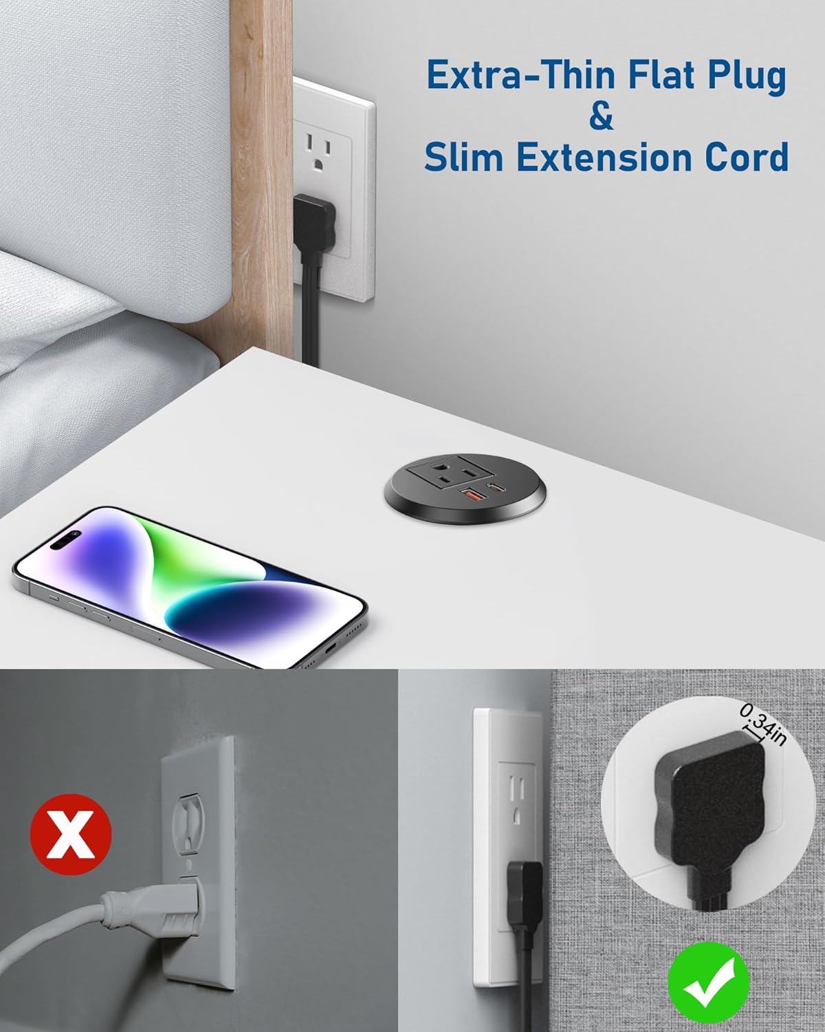 Desktop Power Grommet 2 inch Hole,PD 30W USB C Fast Charging Station,Ultra Thin Flat Plug Power Strip,Recessed Outlet,Slim Outlet Extender for Office,Table Outlets for Home,Office,6ft Cable