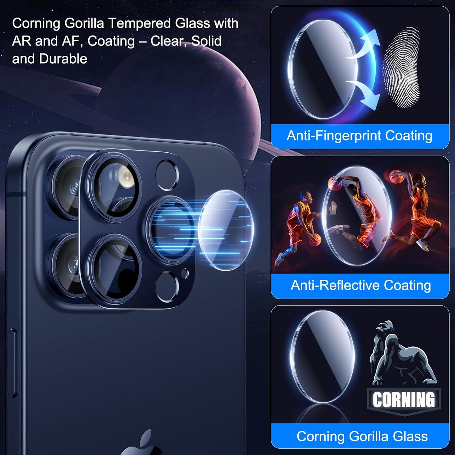 Esanik 2 Pack for iPhone 15 Pro/iPhone 15 Pro Max Camera Lens Protector (Blue Titanium)