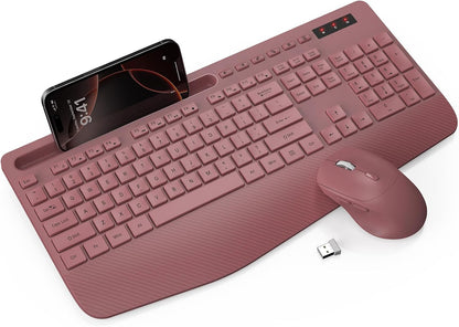 Wireless Keyboard and Mouse Combo - Full-Sized Ergonomic Keyboard with Wrist Rest, Phone Holder, Sleep Mode, Silent 2.4GHz Cordless Keyboard Mouse Combo for Computer, Laptop, PC, Mac, Windows