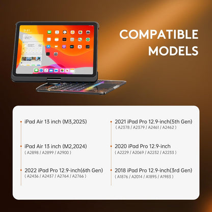 GUSGU Transparent Case with Wireless Keyboard for iPad Air 13-in.(M3/M2, 2025/2024), 7 Colors Backlight, Trackpad, 360°Rotating Stand for iPad Pro 12.9-in (6/5/4/3 Gen), Tech Style