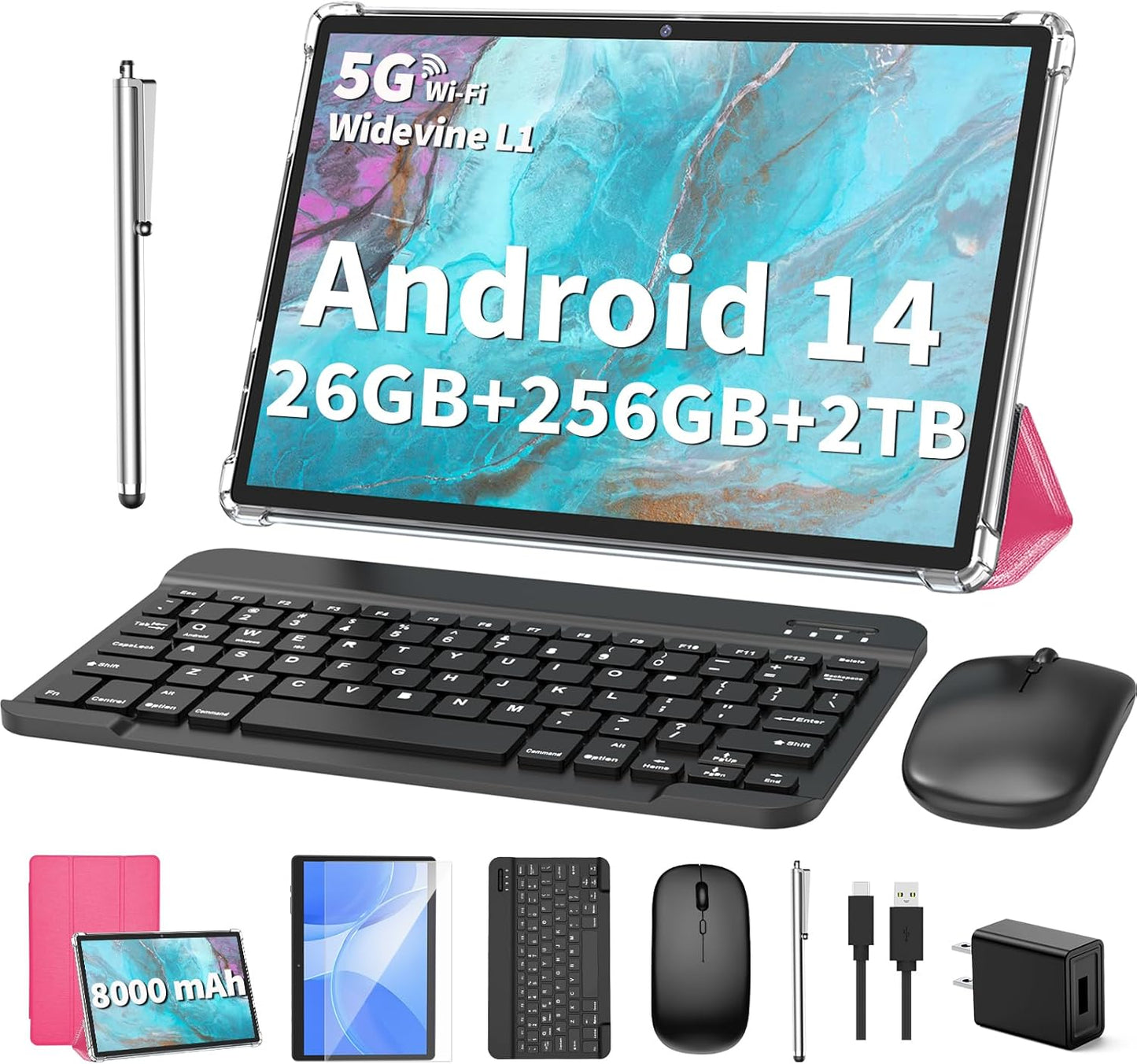 2025 Tablet, Android 14 Tablets 10 inch with Keyboard, 26GB RAM+256GB ROM(2TB Expand), 2-in-1 Tablets with 8-Core, 8000mAh, 5G WiFi, Widevine L1, GMS, with Case, Keyboard, Mouse, Stylus (Pink)