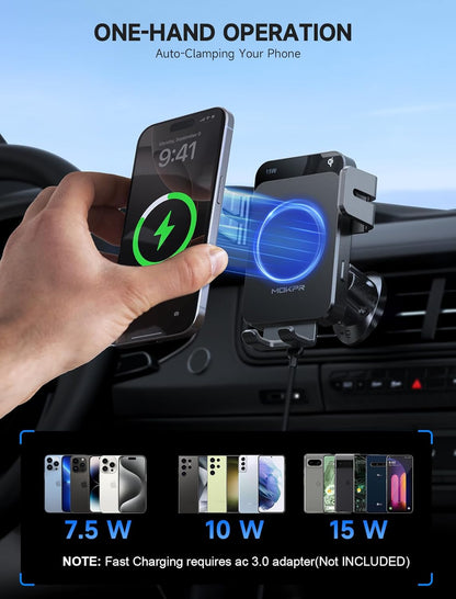 MOKPR Wireless Car Charger, 15W Auto Clamping Car Charger Dash Windshield Air Vent Phone Holder Compatible with iPhone 16 15 14/13/13 Pro/12 pro/12/11/X/8, Samsung S24/S23/S22