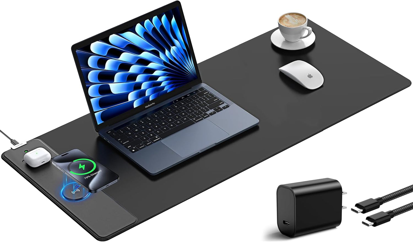 TopMade Mouse Pad with 15W Fast Wireless Charging, 35.43"x15.75" XXXL Large Gaming Mousepad, Waterproof Desk Pad, Classic Black Computer Desk Mat(Includes 20W PD Power Adapter & 6.56ft Woven Cable)