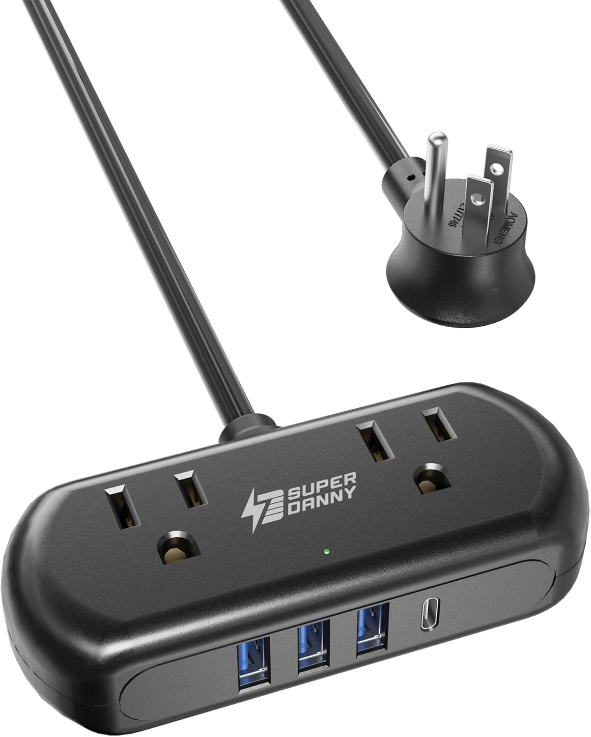 Power Strip with USB, SUPERDANNY Mini Surge Protector with 2 Wide-Spaced Outlets, 3 USB-A 1 USB-C, 5 Ft Extension Cord, Flat Plug, Compact Size Desktop Charging Station Travel, Home, Office, Black