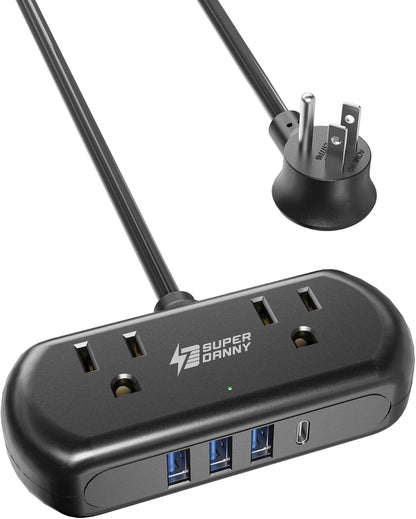 Power Strip with USB, SUPERDANNY Mini Surge Protector with 2 Wide-Spaced Outlets, 3 USB-A 1 USB-C, 5 Ft Extension Cord, Flat Plug, Compact Size Desktop Charging Station Travel, Home, Office, Black