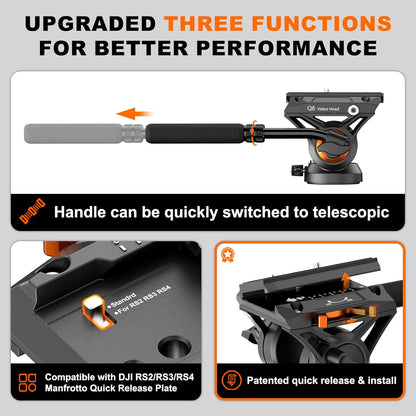 Professional Camera Monopod with Feet, 73.2 inch Aluminum Portable Travel Video Monopod with Removable Tripod Stand Base, Max Load 22 Lbs, New Q6 Fluid Head for DJI RS4 Manfrotto