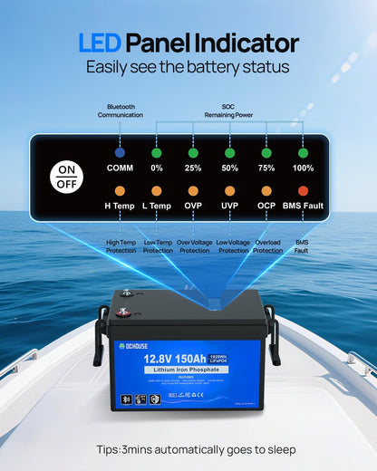 DC HOUSE 12V 150Ah LiFePO4 Lithium Battery with SOC Status Indicators, Bluetooth & Low Temp Cut-off, 12V Lithium Battery up to 15000 Cycles, 120A BMS Perfect for Trolling Motors, Marine, Boat, Solar