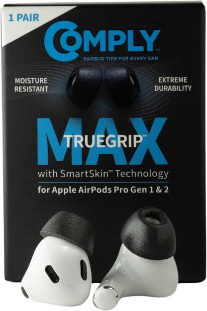 Comply TrueGrip MAX | Premium Memory Foam Replacement Earbud Tips for Apple AirPods Pro 1 & 2 | Long Lasting Comfort, Extreme Durability, Secure Fit, Superior Noise Isolation| Black (Large) (1 Pair)
