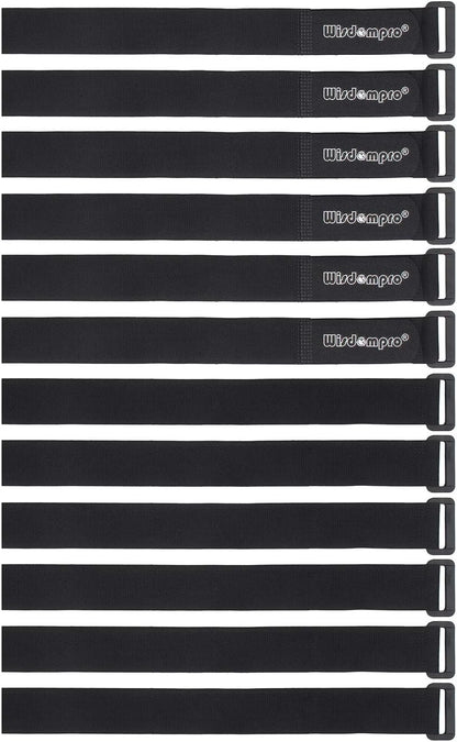 12 Pack 1 x 18 Inches Hook and Loop Reusable Fastening Cable Tie Down Straps by Wisdompro - Reusable, Durable Functional Cinch Strap to Keep Your Home, Office, Workspace from Tangled Messes of Cords