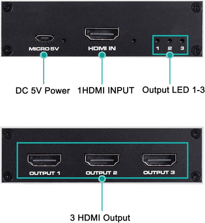 1x3 HDMI Splitter, 1 in 3 Out HDMI Splitter Audio Video Distributor Box Support 3D & 4K x 2K Compatible for HDTV, STB, DVD, PS3, Projector Etc