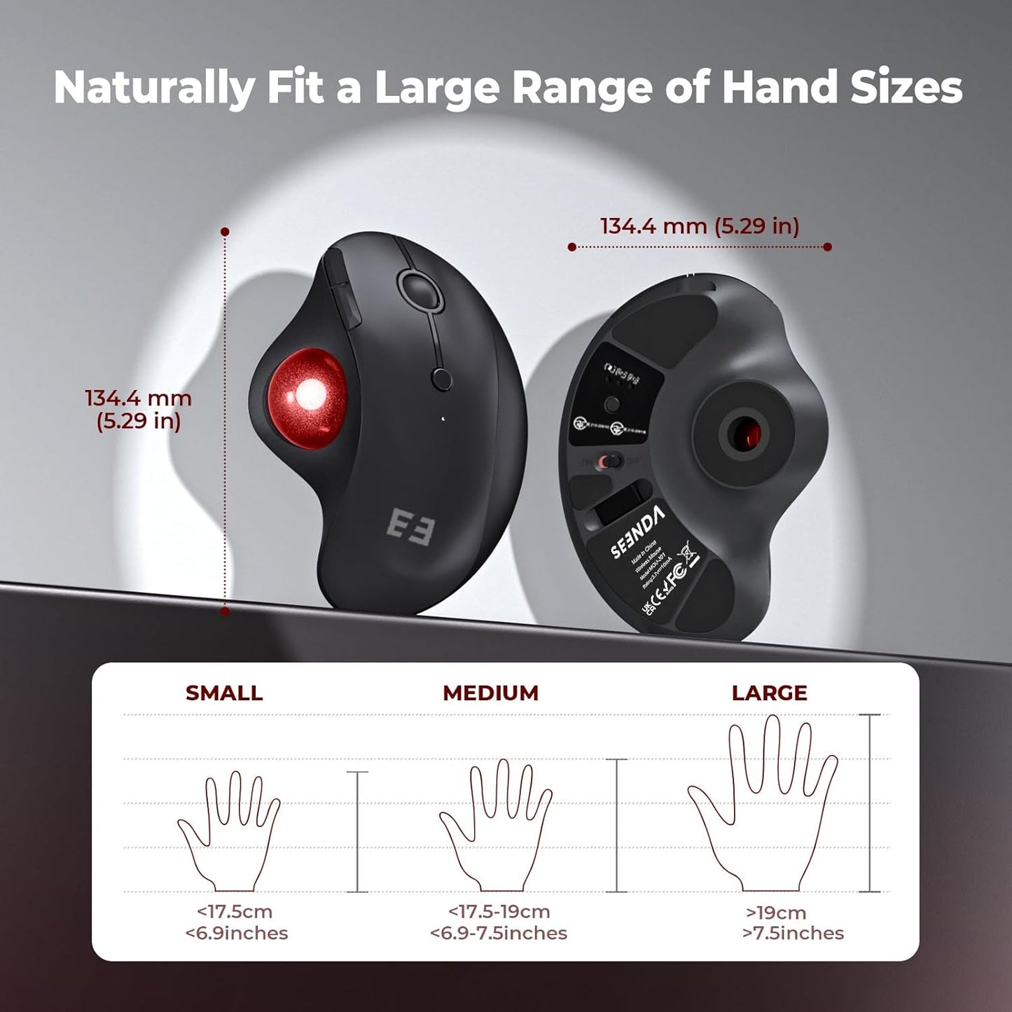 seenda Wireless Trackball Mouse Ergonomic - Bluetooth Rollerball Mouse Rechargeable, Multi Devices Connection Thumb Control Mice Compatible for Mac/Android/Windows Computers - Black&Red