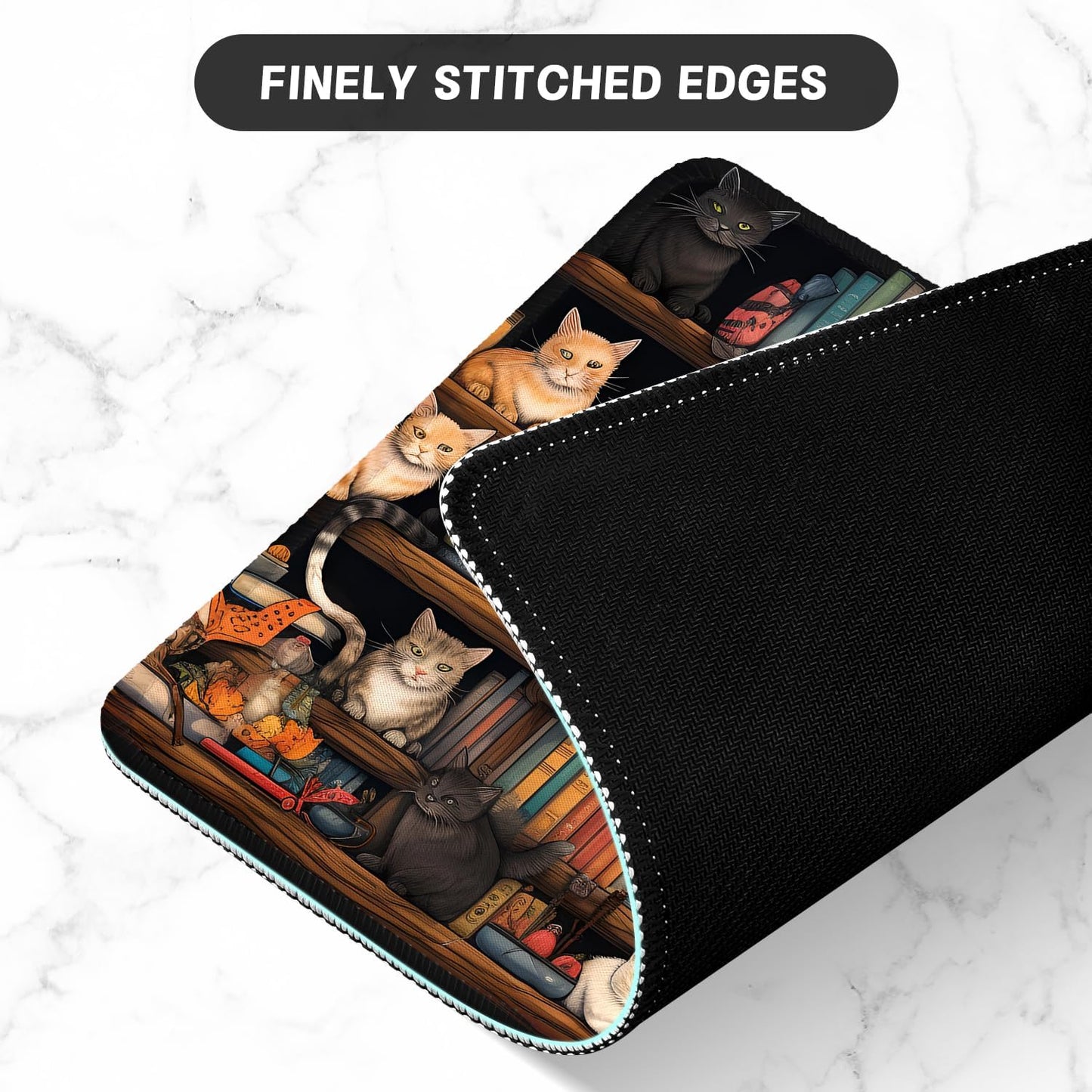 ITNRSIIET Mouse Pad with Stitched Edge Premium Textured Smooth Precise Operation Waterproof Washable Non-Slip Rubber Base Desktop Protection Mat, 10.2×8.3×0.12 inches, Cat on The Desk