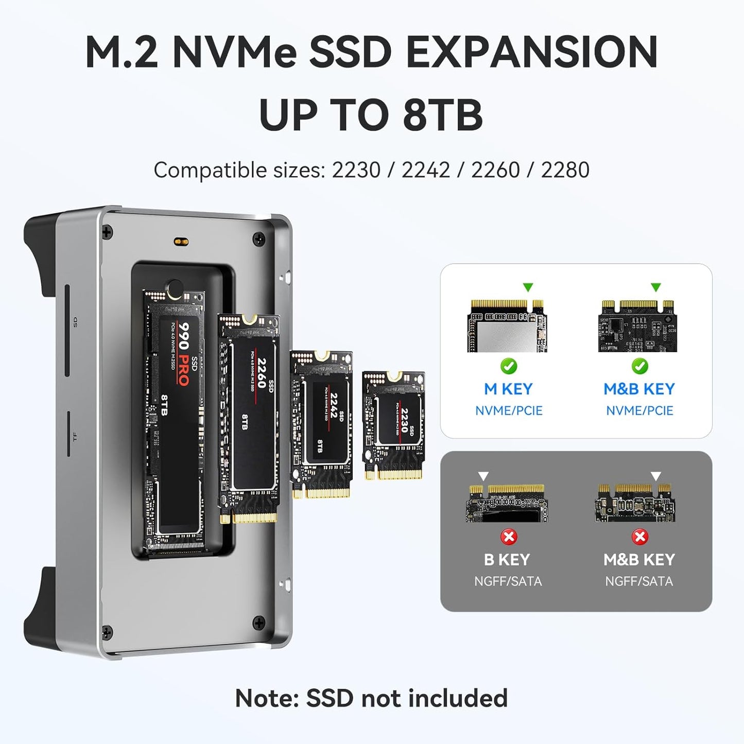 ANYOYO Mac mini M4 Dock and Stand, 10-in-1 Aluminum USB-C Hub with M.2 NVMe SSD Enclosure, 4K 60Hz Dual HDMI, 10 Gbps USB-C/A, 30W PD-in, Smart Fan Cooling, Wi-Fi Signal Friendly Design, Silver