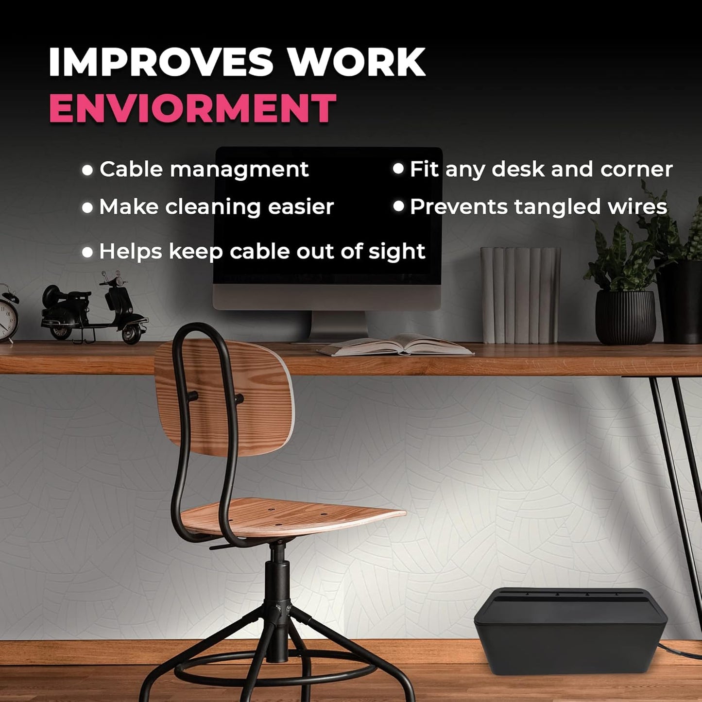 Cable Management Box Cord Organizer - The Cable Storage Box can Manage Hide Plugs Wires Power Strips USB Hub Router TV Computer Desk Cable for Home and Office Medium Black