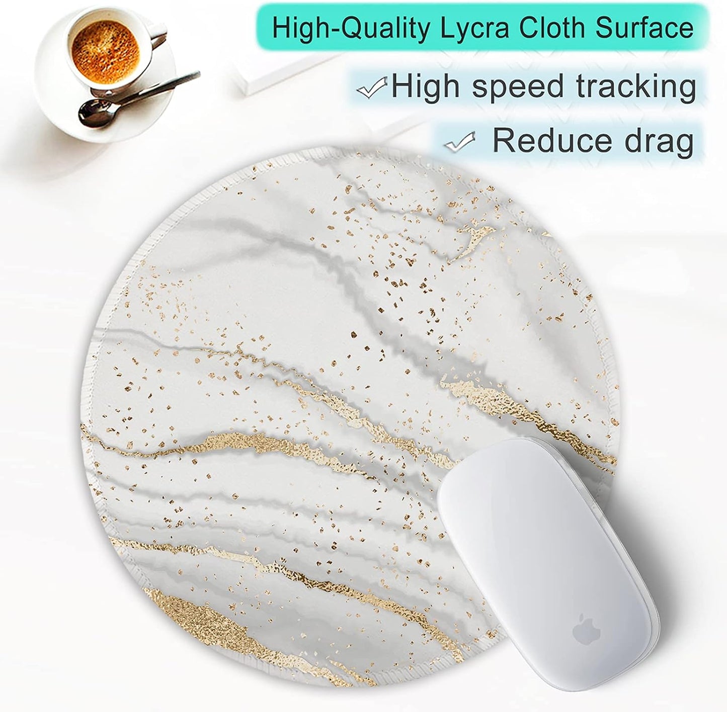 ITNRSIIET Round Mouse Pad with Stitched Edge Premium-Textured Waterproof Non-Slip Rubber Base Desktop Protection Mat Diameter 8.7 inches, Gray Gold Marbling