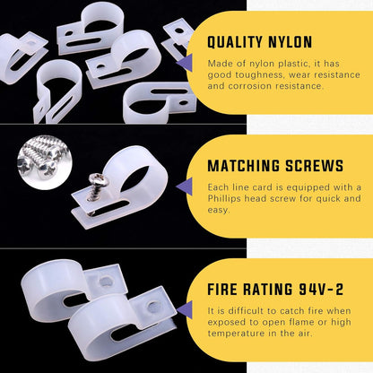 Swpeet 120 Pack White 3/4 Inch Nylon Plastic R-Type Cable Clips Clamp Kit, Nylon Screw Mounting Cord Fastener Clips with 120 Pack Screws for Wire Management (3/4 Inch, White)