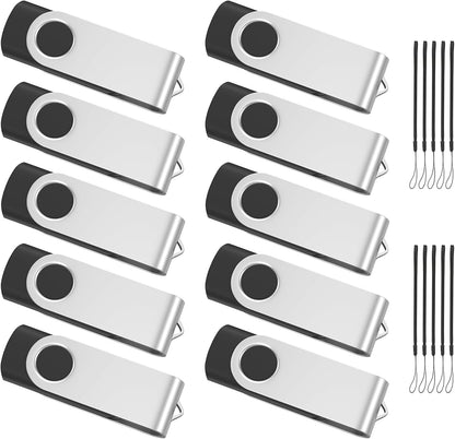 ABLAZE 16GB Flash Drive 10 Pack, USB 2.0 Memory Stick with Lanyards Swivel Thumb Drives Bulk 16GB Pendrive U Disk for Data Storage (Black)