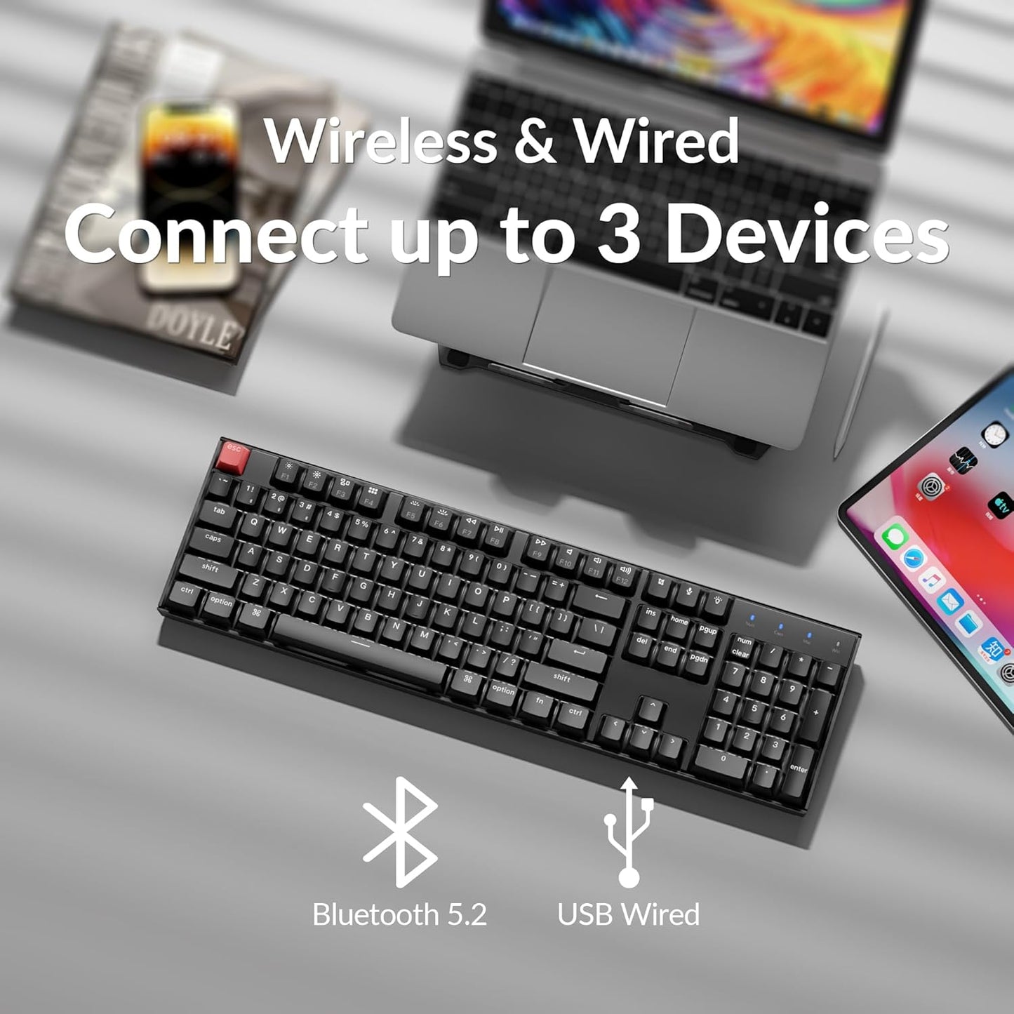 Keychron K10 Full Size Layout White LED Backlit Hot-Swappable Mechanical Keyboard for Mac Windows, 104-Key Bluetooth Wireless/USB Wired Computer Keyboard with Keychron Super Red Switch(Version 2)