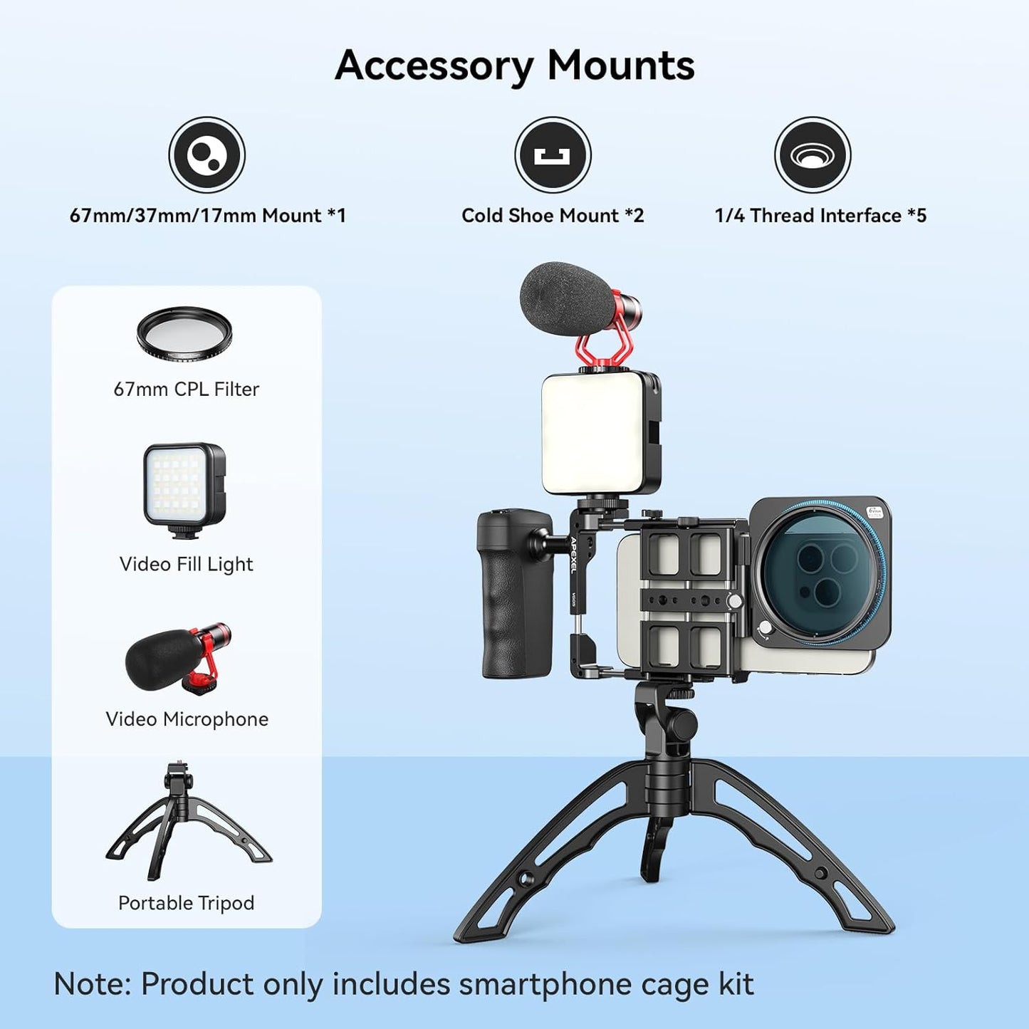 APEXEL Universal Phone Rig Video Kit. Aluminum Handheld Smartphone Vlogging Cage with Rechargeable Handle Wireless Bluetooth Shutter, Phone Stabilizer for Videomaker Compatible with iPhone/Android.