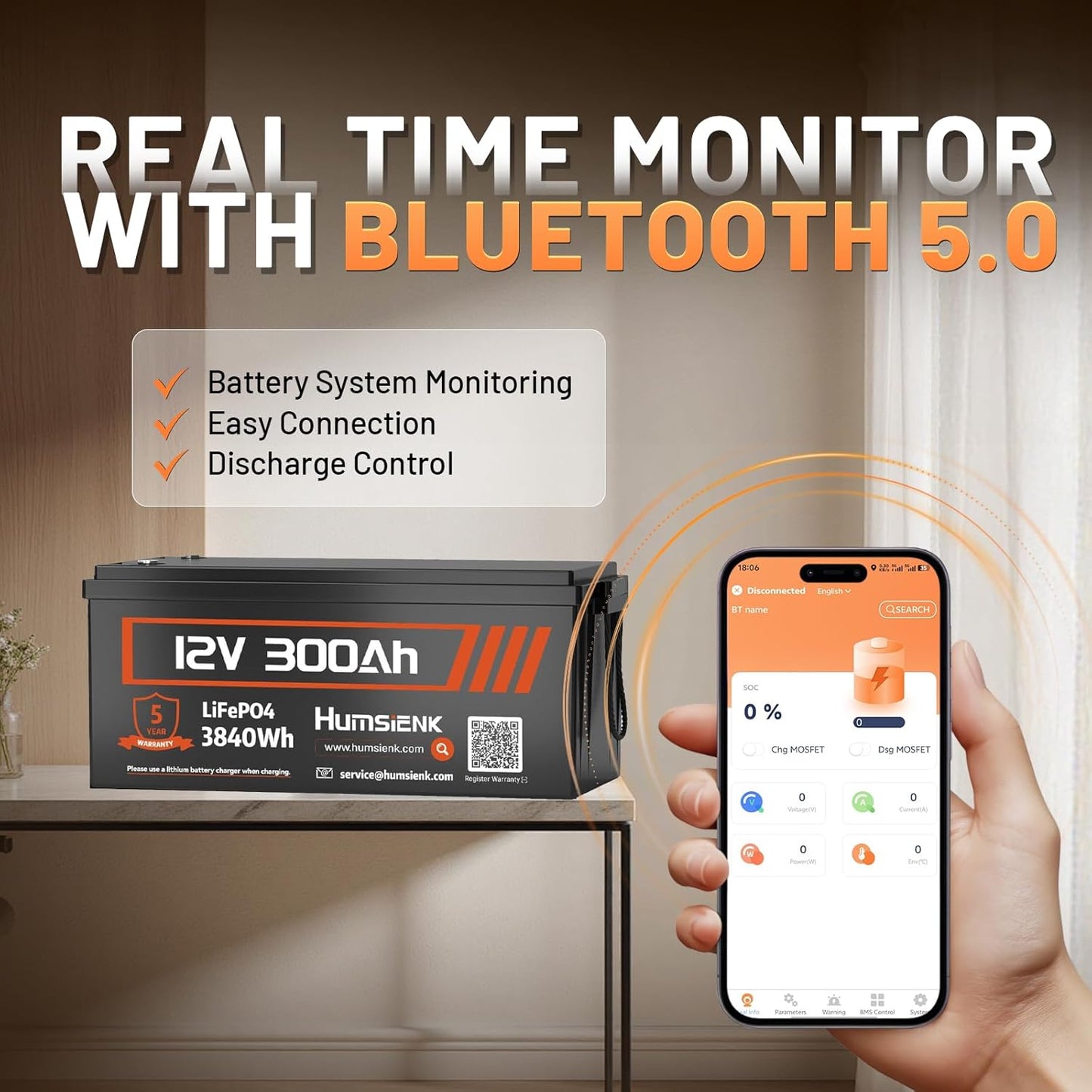 Bluetooth 12V 300Ah Battery LiFePO4 Lithium Built-in 100A BMS, 15000 Deep Cycles Battery 3840Wh with Low-Temp Protection for RV Marine Trolling Motor Home Energy Storage Off-Grid Living