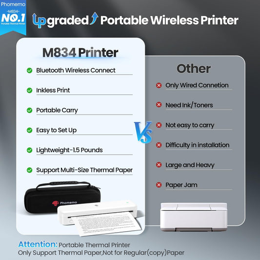 Phomemo Portable Printers Wireless for Travel [Upgraded],M834 Bluetooth Thermal Printer 8.5" x 11"& A4 Size,Inkless Mobile Printer with Carry Case for Travel,Office,School,Car,Home,White