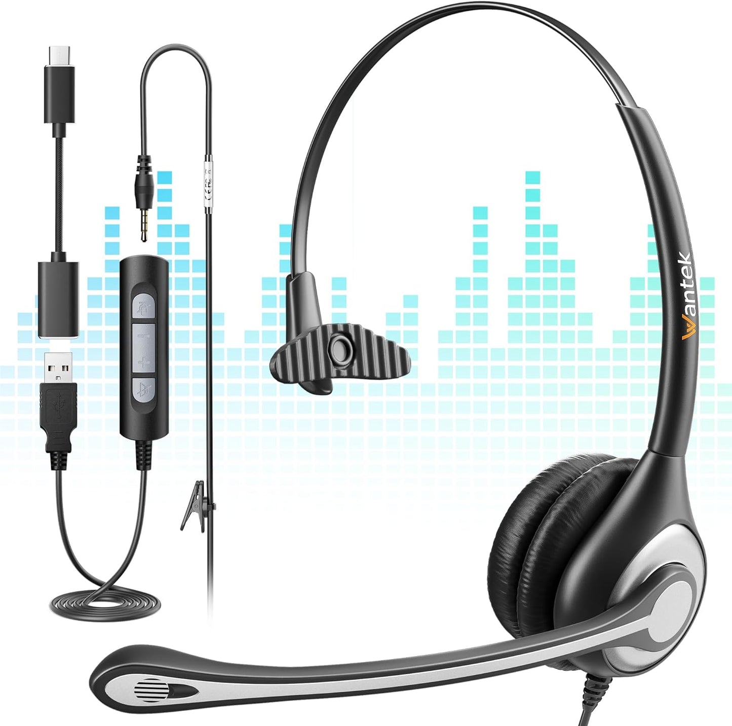 Wantek Computer Headset with Microphone for PC,Laptop,USB Headset with Noise Cancelling & Audio Controls,Computer Headphones for Call Center,Work,Ofiice,Mono