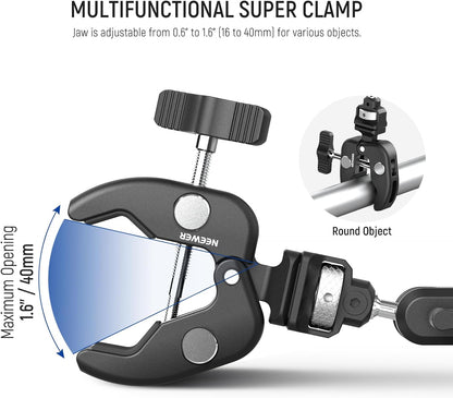 NEEWER Double Super Clamp Camera Mount with Magic Arm, NATO Interface, Cold Shoes, 1/4" Locating Holes for ARRI, Desk Studio Photography Light Stand Pole Cross Bar Umbrella Holder Clamp Mount, UA060