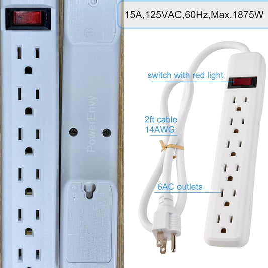 6-Outlet Surge Protector – 250 Joules, 2ft Cord, 15A/125V, 1875W Max – Right Angle Plug, Black – Home, Office, & Electronics Protection
