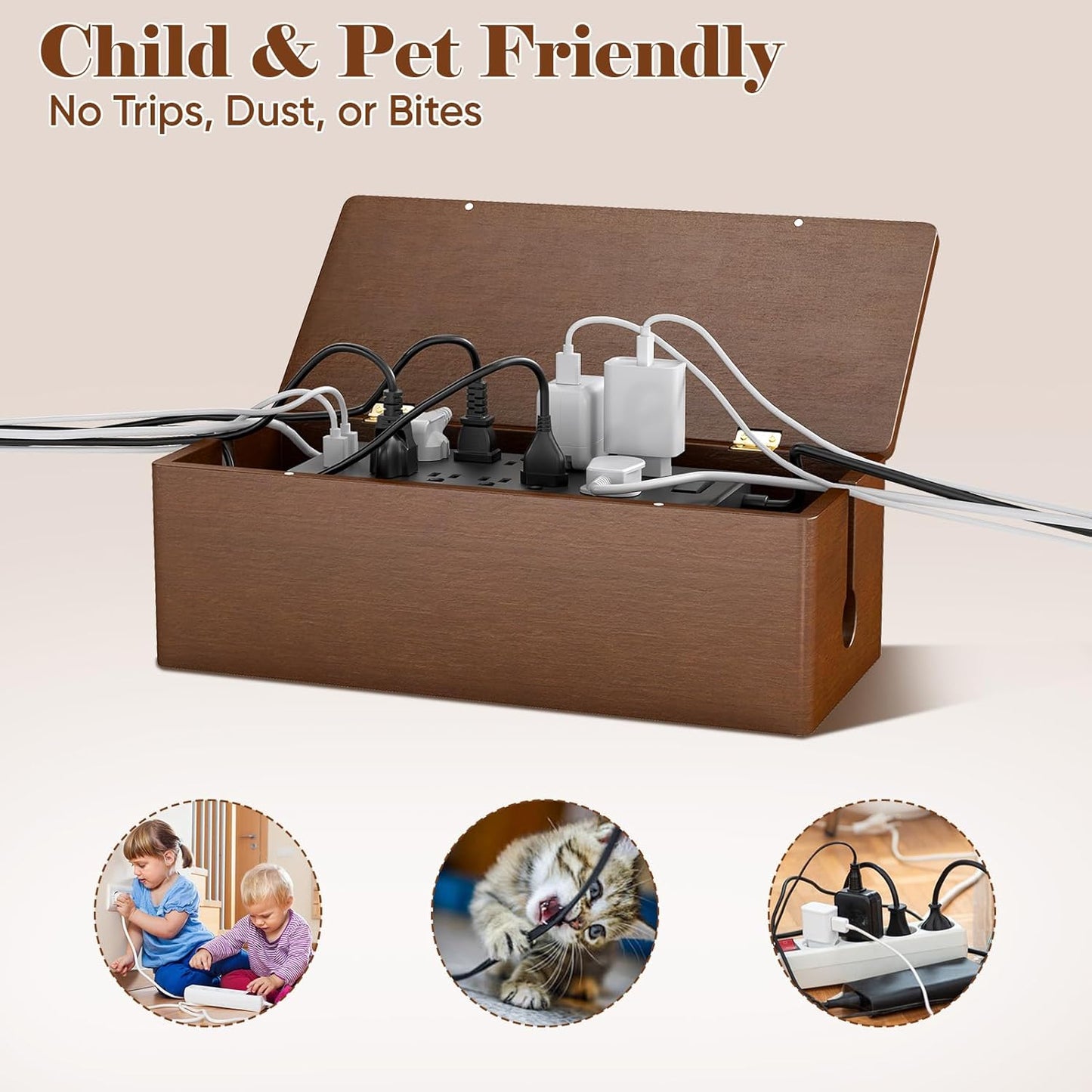 Delamu Wooden Cable Management Box with Magnetic Lid, Duty Cord Organizer for Desk Power Strip Hider Cover with Ventilation for Desk, Floor, Home Office, Baby Pets Safe Storage Solution