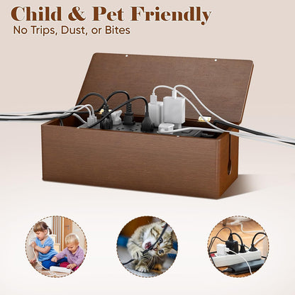 Delamu Wooden Cable Management Box with Magnetic Lid, Duty Cord Organizer for Desk Power Strip Hider Cover with Ventilation for Desk, Floor, Home Office, Baby Pets Safe Storage Solution