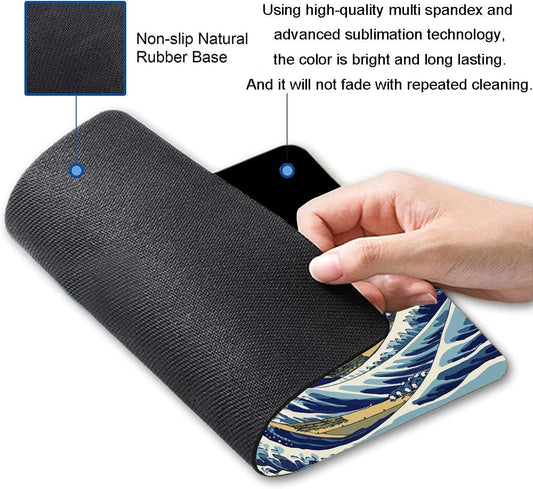 Mouse Pad, Japanese Sea Wave Design Mouse Pad, Washable Square Cloth Mousepad for Gaming Office Laptop, Non-Slip Rubber Computer Mouse Pads for Wireless Mouse, Cool Mouse Pads for Desk
