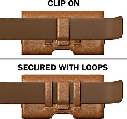 Holster for iPhone 16 16e Pro 15 14 13 12 11 10 XR Xs X, Samsung Galaxy S25 S24 S23 5G - Cell Phone Belt Holder Case with Clip - ID Card Magnetic Pouch - Brown