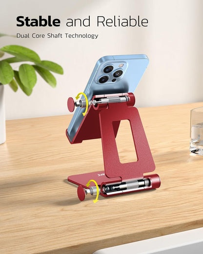 Nulaxy Dual Folding Cell Phone Stand, Fully Adjustable Foldable Desktop Phone Holder Cradle Dock Compatible with iPhone 17 16 15 14 13 12 11 Pro Max Xs Xr X 8, Nintendo Switch, All Phones - Red