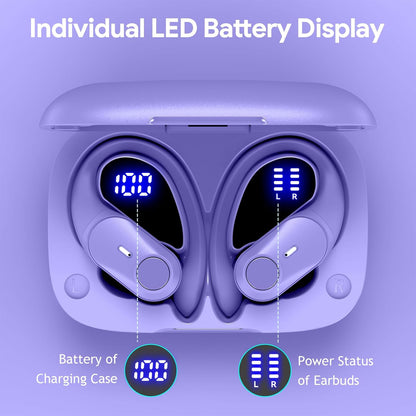 GOLREX Active Noise Cancelling Ear Buds Wireless Earbuds Bluetooth Headphones with 80H Playtime LED Display Wireless Charging Case, Over-Ear Hooks Earbud for Sports Running Gym Workout Purple
