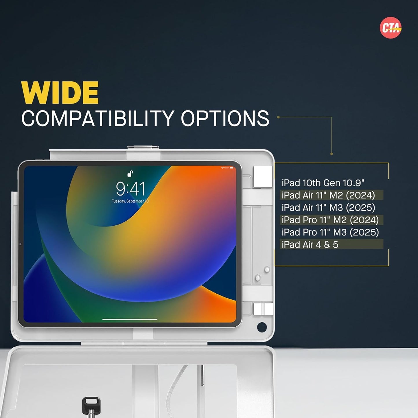 Dual Kiosk Stand – CTA Dual Security Kiosk Stand with Locking Case and Cable for iPad 11th Gen A16 11” - 10th Gen 10.9” - 11” Pro - Air 4 & 5 Gen - White (PAD-ASK109W)