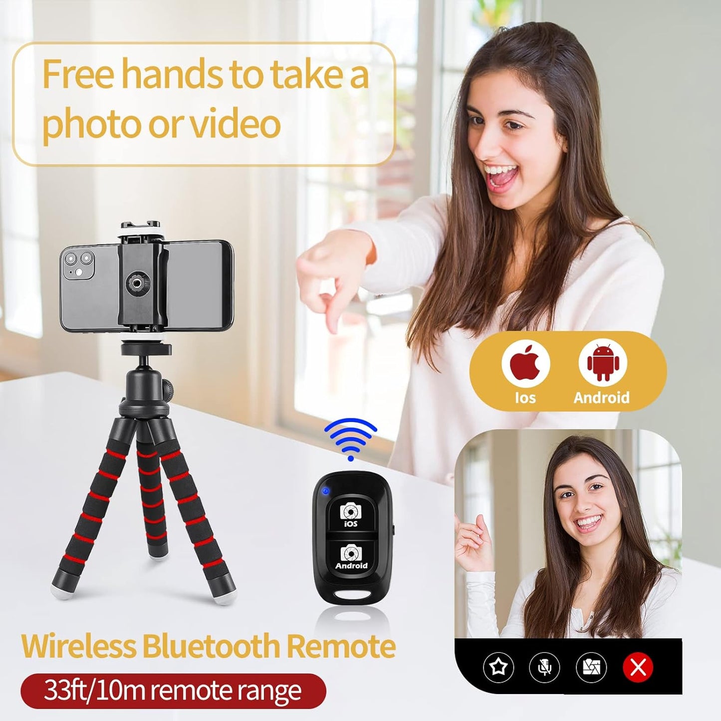 Sensyne Phone Tripod, Flexible Cell Phone Tripod with Phone Holder and Wireless Remote, Mini Travel Tripod Stand, Compatible with All Cell Phones, Cameras (Red)