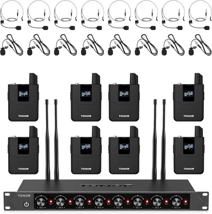 TONOR Wireless Microphones System with 8x12 Channels Headset/Lavalier Lapel Mics, Bodypack Transmitter, Receiver, 295ft UHF Range for Church Conference Performance Singing Karaoke PA Speaker Mixer