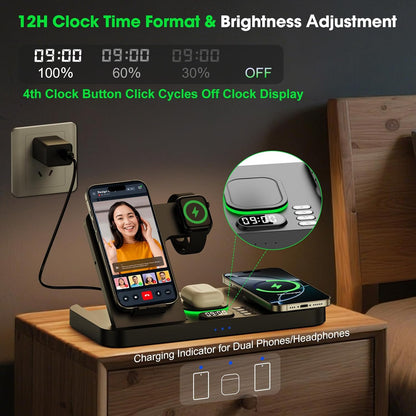 Dual Phone Wireless Charging Station for Apple Devices, Magnetic Charging Station for iPhone with Auto Switch 7-Color Light&Clock, Family Watch Charger for iPhone17 for iWatch10 for AirPods Pro3(Black