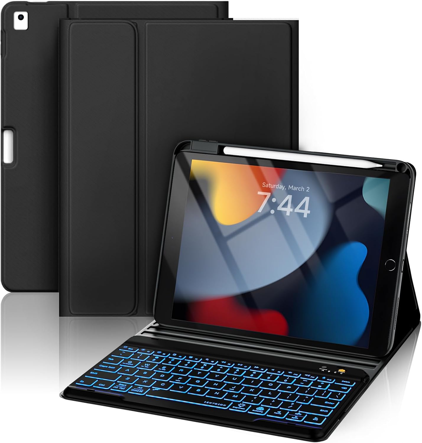 OYEEICE for iPad 9th Generation Case with Keyboard 10.2'' - 7 Color Backlit Wireless Keyboard Cover with Pencil Holder for iPad 9th/8th/7th Gen 10.2 inch, iPad Air 3rd Gen & iPad Pro 10.5" - Black