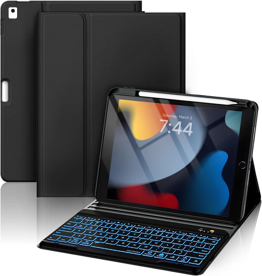 OYEEICE for iPad 9th Generation Case with Keyboard 10.2'' - 7 Color Backlit Wireless Keyboard Cover with Pencil Holder for iPad 9th/8th/7th Gen 10.2 inch, iPad Air 3rd Gen & iPad Pro 10.5" - Black