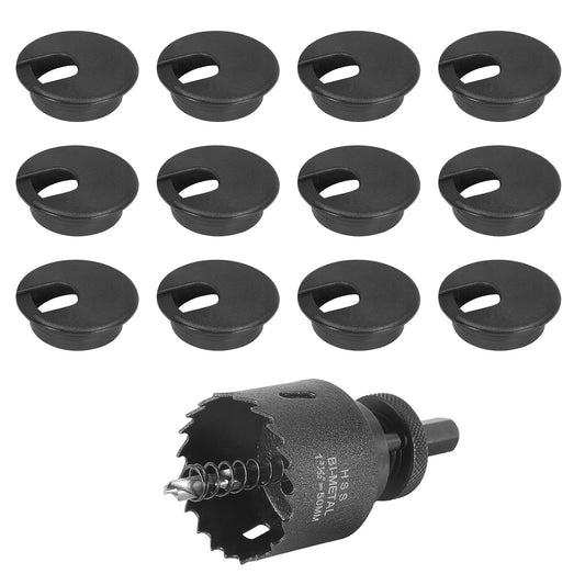2" Black Desk Grommet with Bi-Metal Hole Saw, JTemgle Plastic Cable Hole Cover Computer Table Cord Wire Organizer Caps, Desktop Cord Management for Home Office TV Stands Tabletops, 13 Pieces