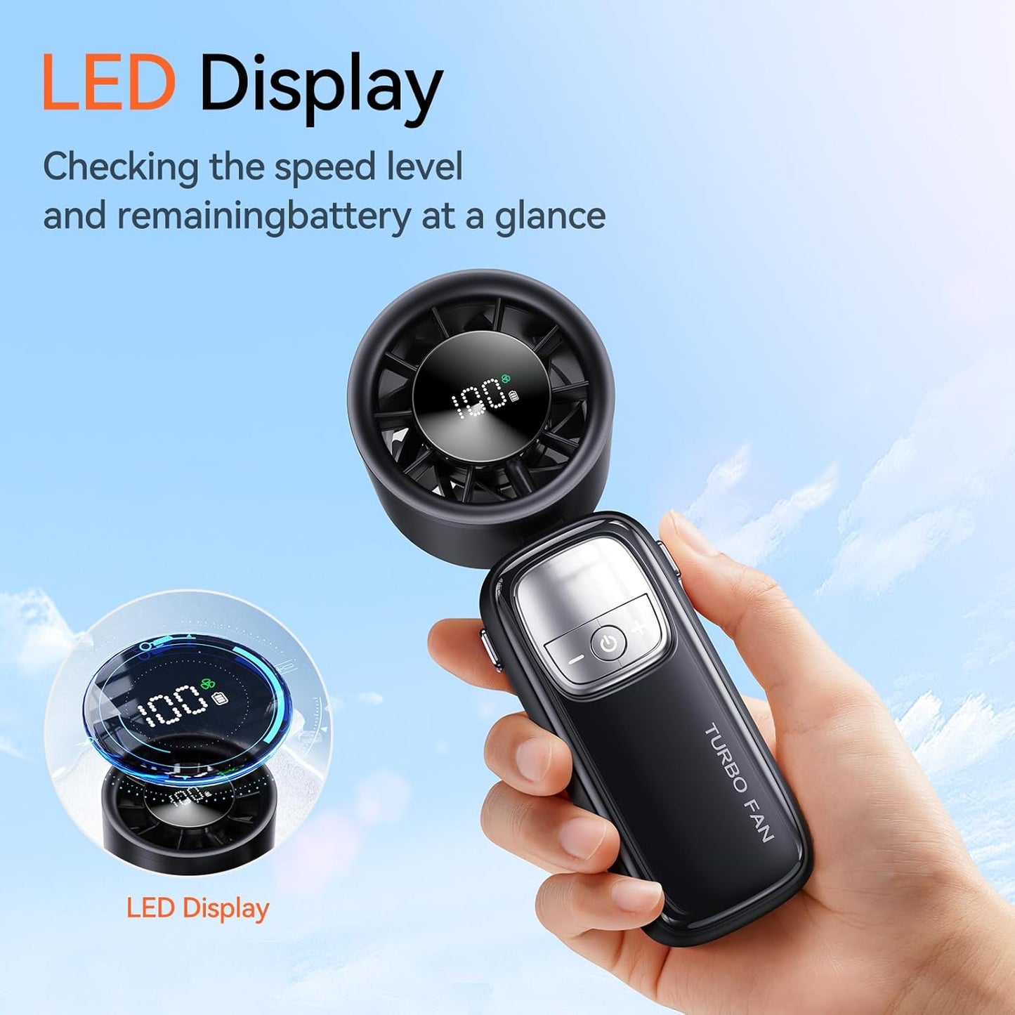 3-in-1 Portable Handheld Turbo Fan-100 Speeds, 15000 RPM, 10Hrs Cooling, LED Display, 90° Rotation, USB Rechargeable Battery Powered, Mini Foldable Hand Held Personal Fan for Women Men (Black)