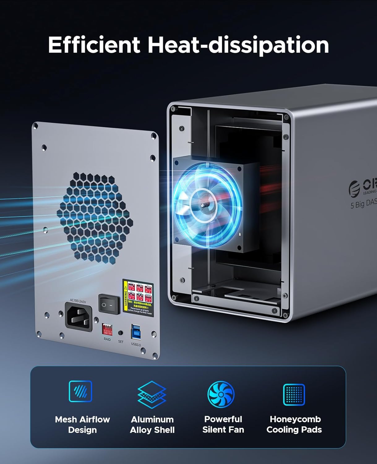 ORICO RAID 5 Bay HDD Enclosures USB 3.0 Push-Pull Mounting for 3.5-inch HDD, Max 110TB, External Direct Attached Storage 8 RAID Modes Supported 9858RU3