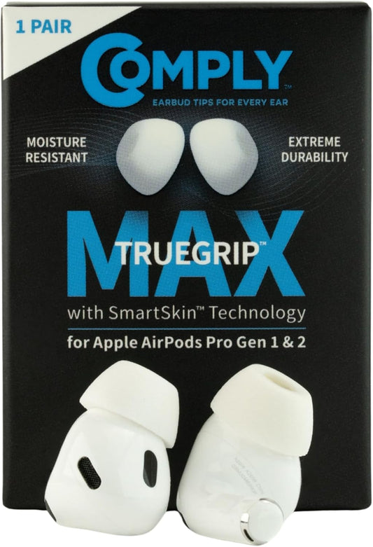 Comply TrueGrip MAX | Premium Memory Foam Replacement Earbud Tips for Apple AirPods Pro 1 & 2 | Long Lasting Comfort, Extreme Durability, Secure Fit, Superior Noise Isolation| White (Large) (1 Pair)