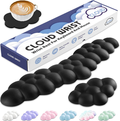 Cloud Wrist Rest for Keyboard and Mouse, Memory Foam PU Leather Keyboard Wrist Rest with Ergonomic Support, Non-Slip Base, Cute Arm Rest Pad & Palm Cushion, Office Desk Accessory, Black