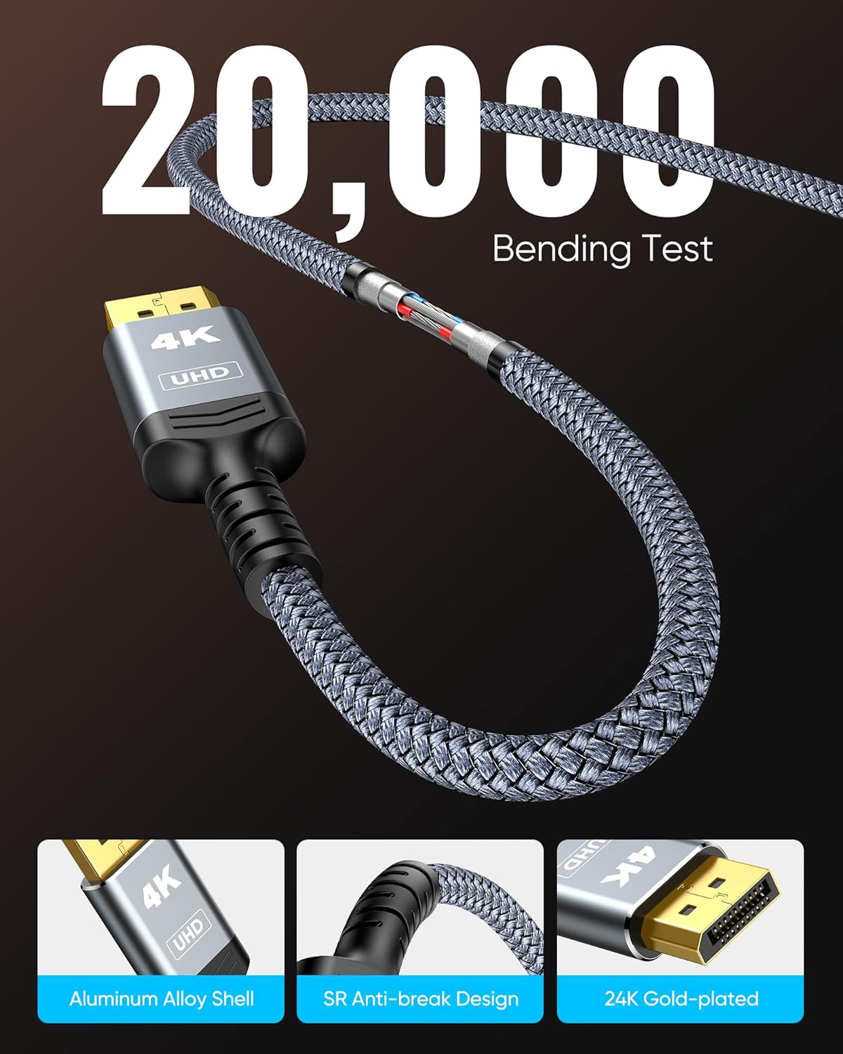 Highwings 4K DisplayPort to HDMI, 15ft Uni-Directional DP (Source) to HDMI (Display) 1.4 Cable, 4K@30Hz, 2K@60Hz, 1080P Full HD, Braided Cord for Dell, NVIDIA, AMD, Monitor, Projector (Grey)