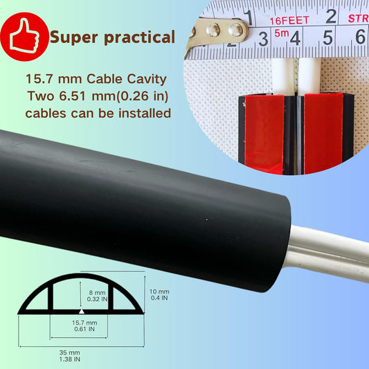 10ft Self Adhesive Floor Cord Cover,Cable Cavity:0.61" (W) x 0.32" (H),Heavy Duty Soft PVC Cable Protector and Extension Cord Hider,Cord Management System to Hide Wires on Floor,Black