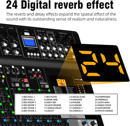 Audio Mixer Bluetooth G-MARK Professional Mixer Usb Interface Sound Board Console System 16 Channel Digital MP3 Computer Input 48V Phantom Power Stereo DJ 24-Bit SPX Effects Mixing Console