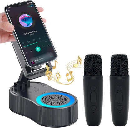 Gifts for Men Women,Cell Phone Stand with Wireless Bluetooth Speaker,Colorful Ambient Light 360° Foldable for Tablet iPhone Android 2 Wireless Microphones HD Surround Sound (Black)
